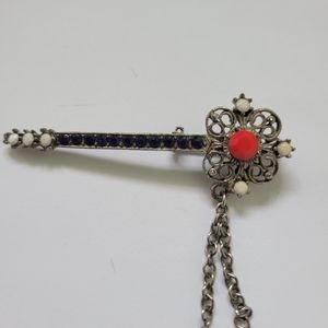 Vintage Guitar Pin Brooch Rhinestone Red Blue White Silver Tone Patriotic